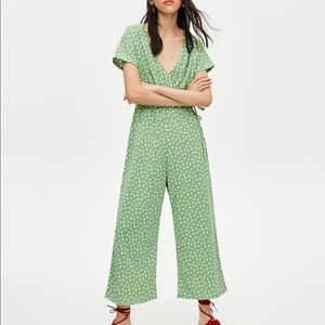 Pull&bear green polka dot jumpsuit size S